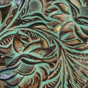 NWT Patricia Nash brown/turquoise leather tooled tote.